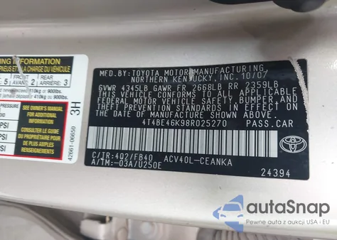 2008 Toyota Camry Le из США, поврежденный, VIN 4T4BE46K98R025270